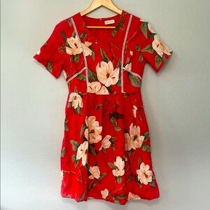 ROOLEE Woman’s Red Floral Short Sleeve Dress Size Small Half Zip Back‎
